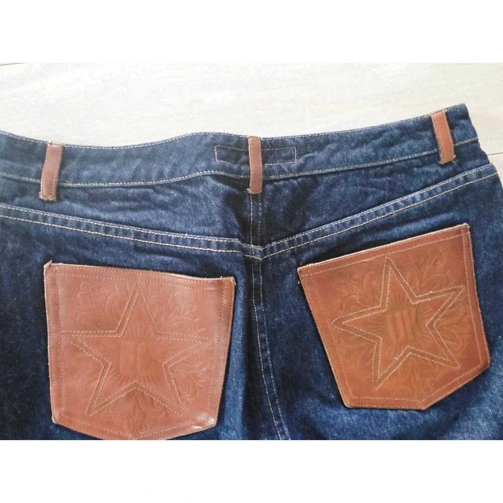 FCUK Jeans Denim Skirt Women's Size 8 Brown Leather Star Pockets Blue Pencil NEW - Picture 7 of 8